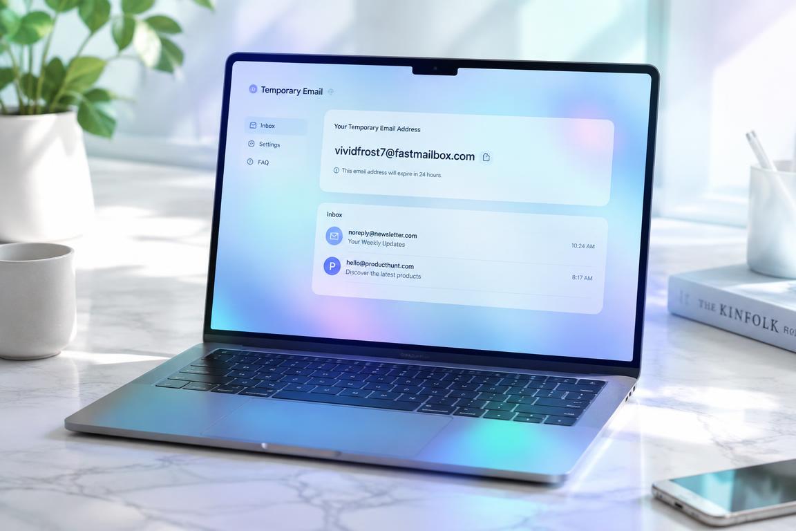 Laptop on a bright desk showing a SnorthMail inbox with a freshly created email address